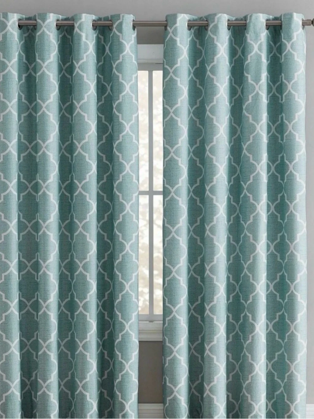 Light aqua Blue and White Geometric Grommet blackout Curtain Panel like new